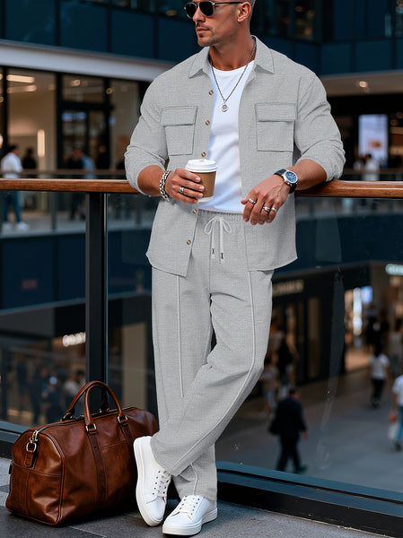 Spring And Autumn Men's Long Sleeved Pants with A Sense Of Luxury And Retro Temperament Featuring Lapel Pockets And Button Long Sleeved Jackets And Versatile Casual Pants Men's 2pcs Clothing Set