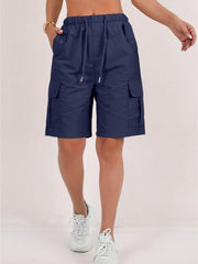 1pc Women' Elastic Waist Drawstring Cargo Shorts with Button Flap Pockets - Knee-Length Bermuda Utility Shorts Suitable for, Camping, Casual Wear, Machine Washable Multi- Shorts for Outdoor & Daily Outfits