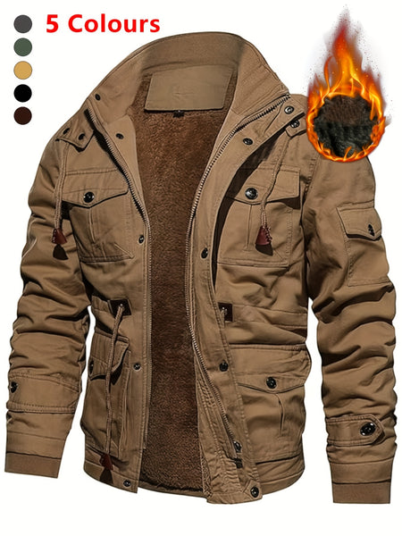 Men'S Thick Mid-Length Jacket with a Hood, Winter Parka for Warmth, Suitable for Outdoor Casual Wear, Featuring a Zip And Multiple Pockets, with a Removable Hat