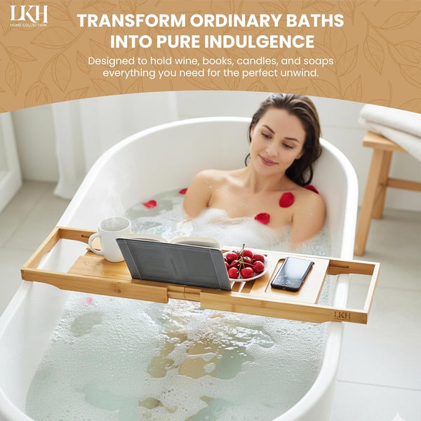 LKH Expandable Bamboo Bath Caddy Bridge Bathtub Organizer with Book Rest Wine Glass Holder and Tablet Support Tray for Home Spa Experience Fits Most Bath Sizes