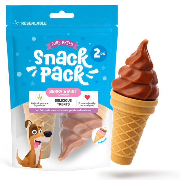 Pure Breed Snack Pack Dog Chews 2 Pack | Mint & Strawberry Ice-Cream Dog Treats | Healthy Low Fat Grain-Free Dog Snacks | Long Lasting Natural Chew for All Breeds | Daily Training Reward Treat