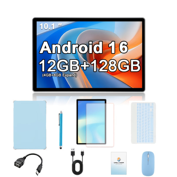 NEW Tablet Android 16 2 in 1 Tablet 10.1-Inch IPS Display 12GB RAM(4GB+8GB Expand) 128GB ROM, Support 1TB TF Card Extension, with Keyboard, Mouse, Stylus, Holder Case, 5G Wi-Fi & Wireless, GMS, Tablet, Pad