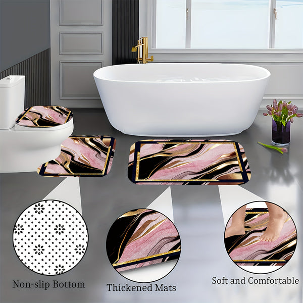 3/4pcs Luxury Pink Black Gilded Marble Bathroom Mats - Non-Slip Soft Flannel Floor Mat with Elegant Marble Pattern, Machine Washable Bath Mat Set for Modern Home Decor, Decorative Mat, Stylish Mat