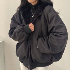 Women's Winter Double-Sided Plush Padded Jacket with Hood & Pockets - Thickened Lamb Outer Coat, Zipper Closure, Solid Color Casual Sweater for Cold Weather (No elastic fabric)