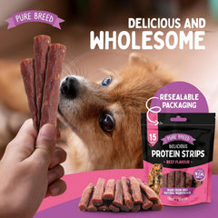 Protein Strips Beef Flavour, 3.9 Inch of Savoury Beef Strips for Dogs & Puppies, High Protein Dog Treats, Chewy Training Snacks, Easily Digestible in Resealable Pack