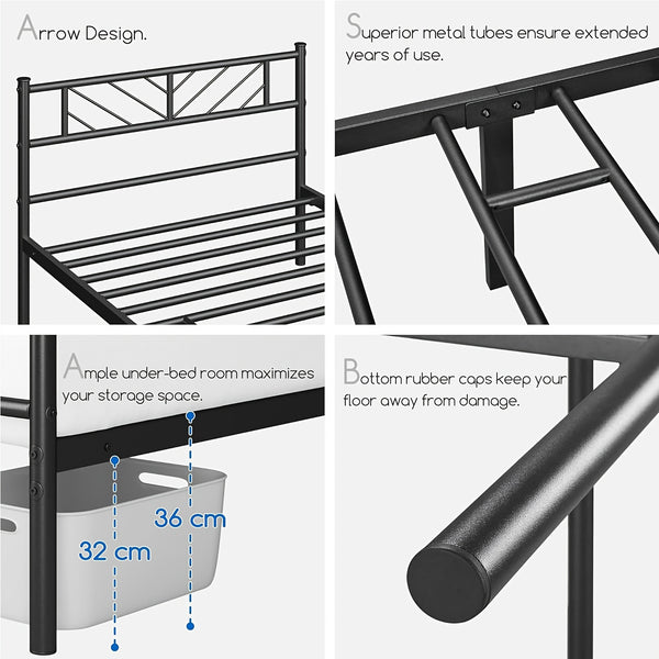 Chic Arrow-Patterned Metal Bed Frame with Under-Bed Storage - Easy Assembly, No Box Spring Needed - Black | Sizes: 91.44cm Single, 4ft6 Double, 152.4cm King, Slatted Bed Platform, Headboard, Oyajia