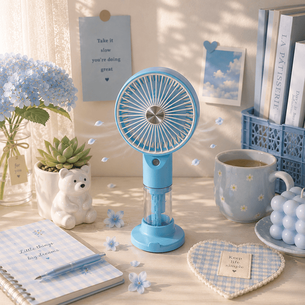 Portable USB Rechargeable Mist Fan with Adjustable Speeds, Humidifier, and LED Light – Compact and Stylish Handheld Fan for Personal Cooling