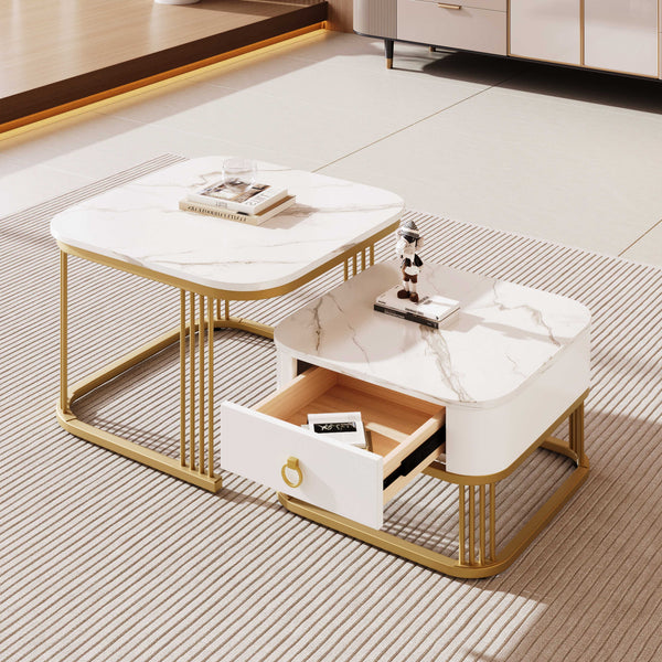 Modern Pedestal Base Space Saving Coffee Table Set of Two, Engineered Wood and Artificial Board Construction, Hardwood, Black Finish, High Gloss Stone Table Top, Metal Golden Accents, with Drawer, Without Electricity, Battery Free.