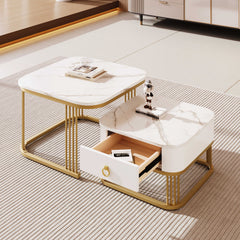 Modern Pedestal Base Space Saving Coffee Table Set of Two, Engineered Wood and Artificial Board Construction, Hardwood, Black Finish, High Gloss Stone Table Top, Metal Golden Accents, with Drawer, Without Electricity, Battery Free.