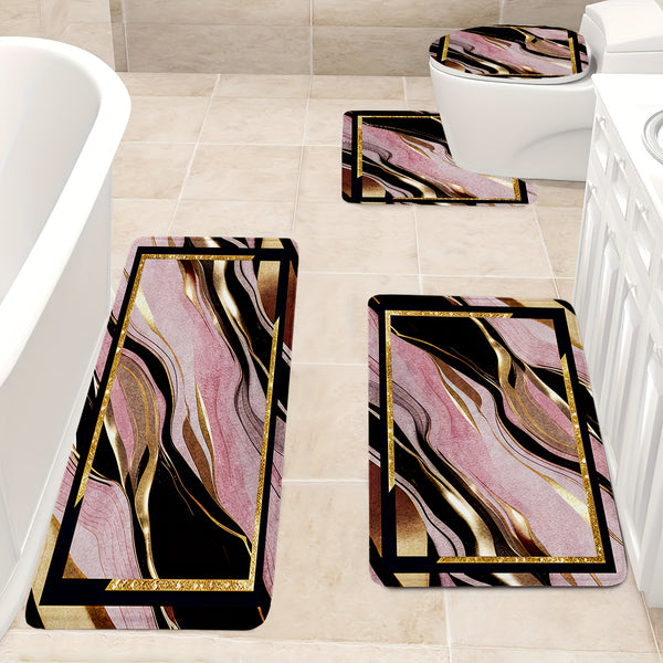 3/4pcs Luxury Pink Black Gilded Marble Bathroom Mats - Non-Slip Soft Flannel Floor Mat with Elegant Marble Pattern, Machine Washable Bath Mat Set for Modern Home Decor, Decorative Mat, Stylish Mat