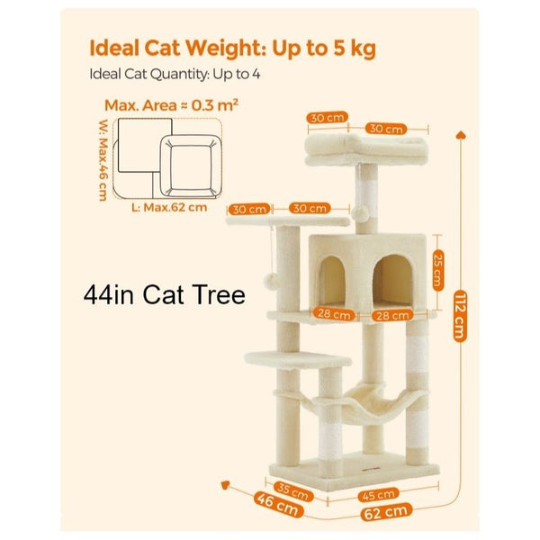 112 cm Cat Tree, Multi-Level Soft Plush Cat Tree, Cat Tower Condo with 4 Cat Scratching Posts, Hammock, Cave, Platform, Toys, Pink/White/Beige/Grey, Easy Assembly and Sturdy, Indoor Cat Furniture
