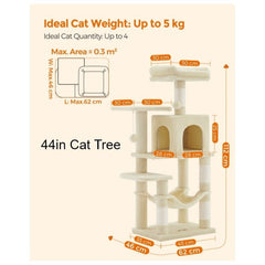 112 cm Cat Tree, Multi-Level Soft Plush Cat Tree, Cat Tower Condo with 4 Cat Scratching Posts, Hammock, Cave, Platform, Toys, Pink/White/Beige/Grey, Easy Assembly and Sturdy, Indoor Cat Furniture
