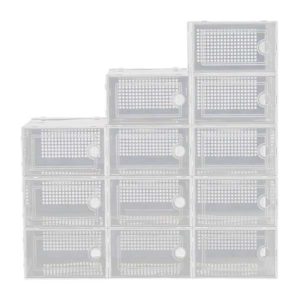 Pack of 12 Stackable Shoe Boxes Shoe Storage Organisers, Sturdy & Durable, Space Saving, Shoe Organizer Containers with Lids for Women/Men, Ideal for Entryway, Closet, Living Room, Bedroom, Office, Dorm, Fit Up To UK Size 9.5, 23x33x14cm