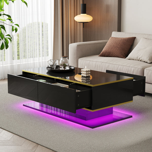 Modern LED coffee table, 100cm high gloss white coffee table, with 3 drawers and RGB light strips, adjustable color/brightness, gold edge, PB board material, suitable for living room, bedroom, lounge, studio - with a load-bearing capacity of 50kg and spac