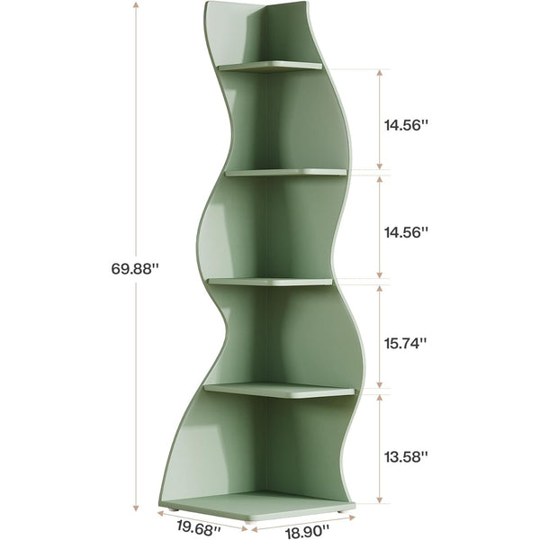 Wavy Office BookShelf, Modern 5-Tier Bookshelf Bookcase with Curvy Shape, Unique Plant Stand Display Rack for Living Room Small Space (Green)