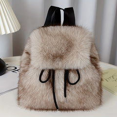 1pc Women's Plush Faux Fur Backpack - Soft Mini Daypack with Adjustable Drawstring Closure & Strap, Golden-Tone-like Black Tip (No-Washable) - Elegant White/Black Mini Bag for,, Travel - Faux-Fur Coat-Like Texture Purse, Bags For Women, Small Backpack For