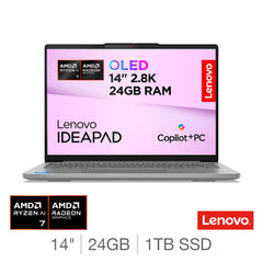 Lenovo Ideapad Pro 5 Copilot+ PC, AMD Ryzen AI 7, 24GB RAM, 1TB SSD, 14 Inch OLED Laptop, 83JL0012UK