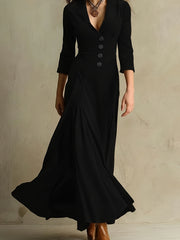 Chic Long Dress with a Lapel Collar, Featuring Three-Quarter Sleeves And a Vintage Full Skirt. Perfect for Autumn And Winter Office Wear, Retro Gatherings, Casual Outings, And Light Social Events