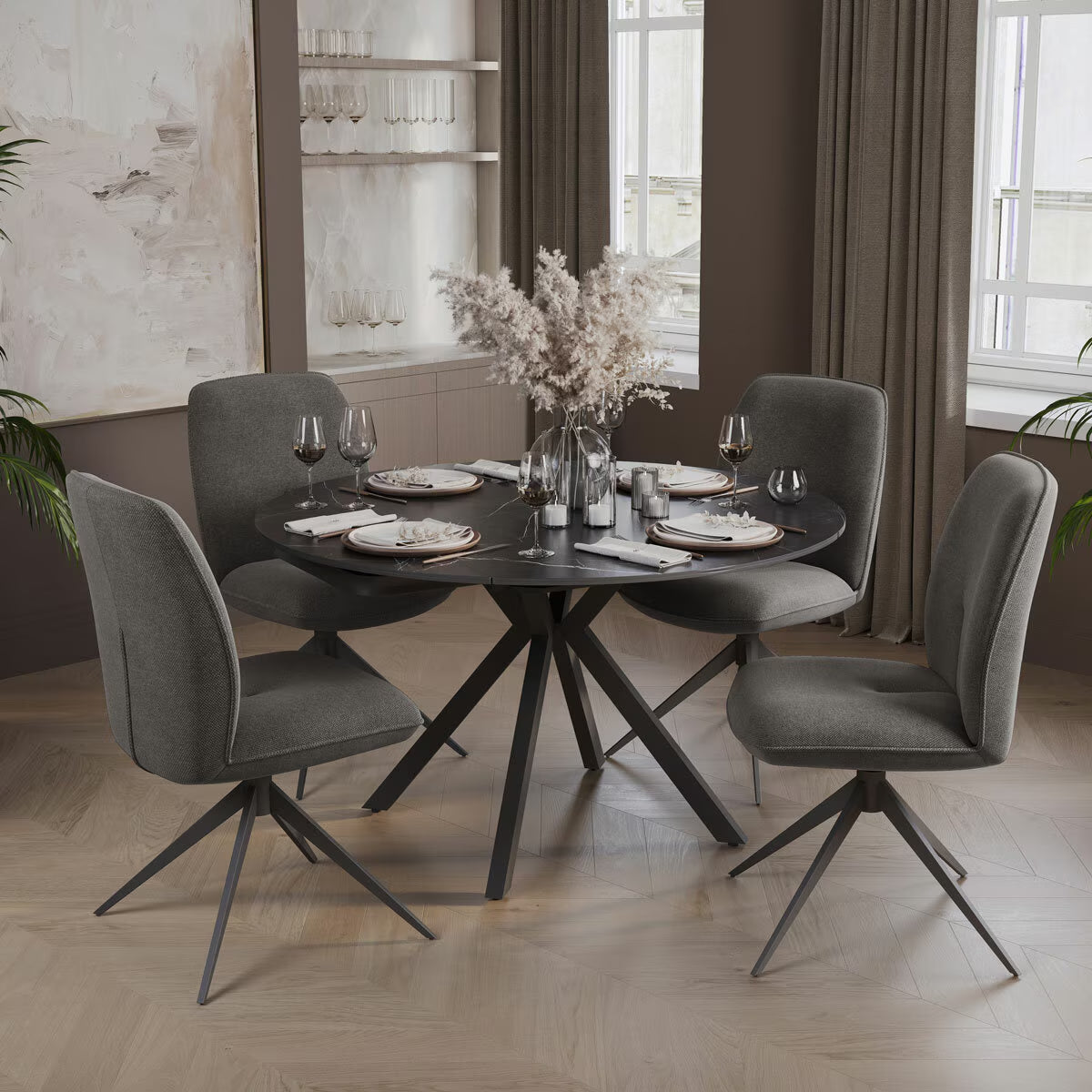 Indus Valley Cavella round Ceramic Extending Dining Table + 4 Grey Chairs