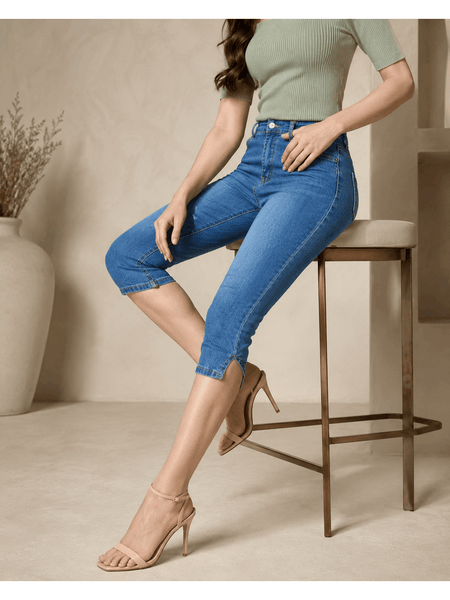 Women’s High Waisted Cropped Capri Jeans, Slim-Fit 3/4 Length Denim Trousers with Side Split Hem, Button Zip Casual Summer Jeans with Pockets