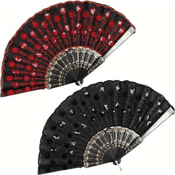 1/ 2pcs Vintage Embroidered Sequins Hand Fan Folding Handheld Fan, for Wedding Party Dance Group Events
