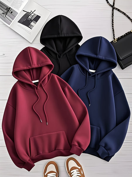 Women's Solid Color 3pcs Set Hooded Sweatshirt with Kangaroo Pocket and Drawstring Hood