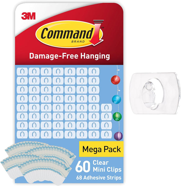 Command Decorating Clips, Pack of 20 Mini Hooks and 24 Small Strips, Transparent - Hanging Clips for Decorations and Fairy Lights, Wall Adhesive - Damage Free