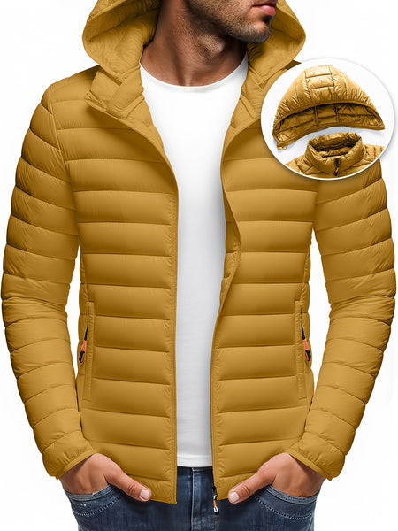 Men's Stand Collar Hooded Jacket - Warm, Windproof Thickened Coat, Detachable Hood, Solid Color Design, Thickened Nylon Fabric for Cold Weather, Casual Style, Zip Closure, Dry Clean Only, Winter Stand Collar Hooded Thickened Coat