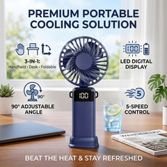 Mini Handheld Fan, USB Rechargeable 1200mAh High-Speed Electric Fan with 5-Speed Adjustable LED Display, Quiet Quick Cooling Wind Fan for Summer Travel /Camping/Outdoor Use