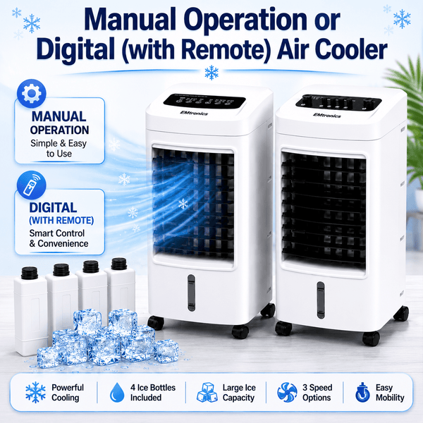 EMtronics 4-in-1 Evaporative Air Cooler, Fan and Humidifier, 3 Speed Settings, 4 Litre Water Tank, Portable 75W with 4 x Ice Packs - White
