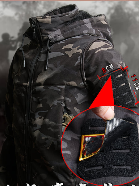 Men's Autumn and Winter Plush and Thick Fleece Suit Jacket, Long Pants, Warm Outdoor Wear Resistant Hiking, Multi Pocket Plush Suit Jacket Set, Detachable Hat Zipper Outdoor Jacket Set, Workwear Camouflage