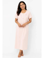 Women'S Nightdress Soft Comfortable Short Sleeve Nightie Button Front Embroidered Sleep Dress Loose Fit Midi Lounge Nightwear House Dress S-XXL