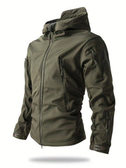Men'S Winter Soft Shell Jacket with a Hood, Featuring Pockets And a Solid Color, Suitable for Outdoor Wear