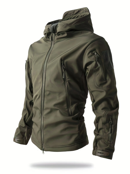Men'S Winter Soft Shell Jacket with a Hood, Featuring Pockets And a Solid Color, Suitable for Outdoor Wear