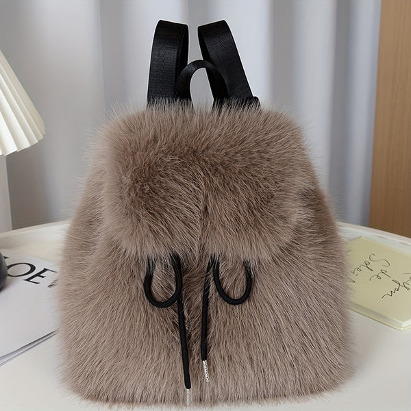 1pc Women's Plush Faux Fur Backpack - Soft Mini Daypack with Adjustable Drawstring Closure & Strap, Golden-Tone-like Black Tip (No-Washable) - Elegant White/Black Mini Bag for,, Travel - Faux-Fur Coat-Like Texture Purse, Bags For Women, Small Backpack For