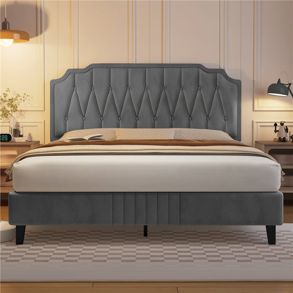 Costoffs Double/King Bed Frame Upholstered Platform Bed with Adjustable Button Tufted Headboard/Velvet Fabric/Mattress Foundation/Sturdy Wooden Slat Support, No Box Spring Needed, Black/Beige/Dark Grey/Light Grey