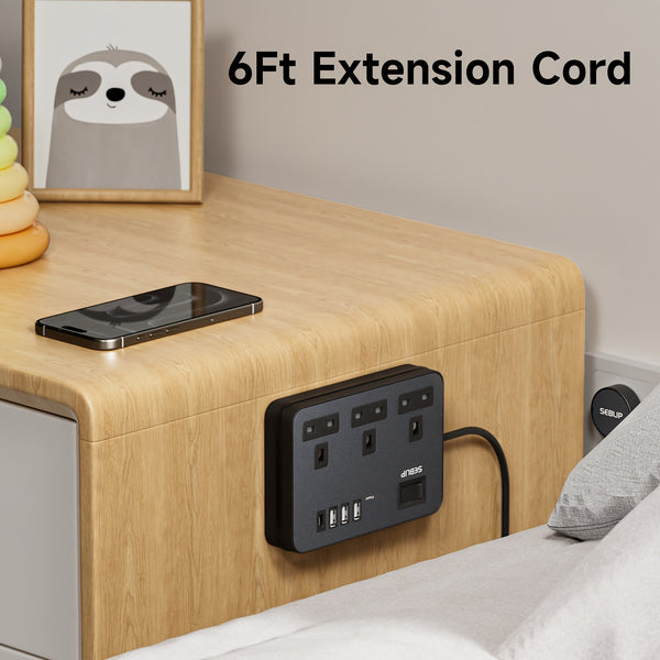 Power Supply 7in 1 Flat Plug Power Socket Outlet Extension Lead, 4 USB Slots Charging Ports Extension Socket, Multi Socket Power Board
