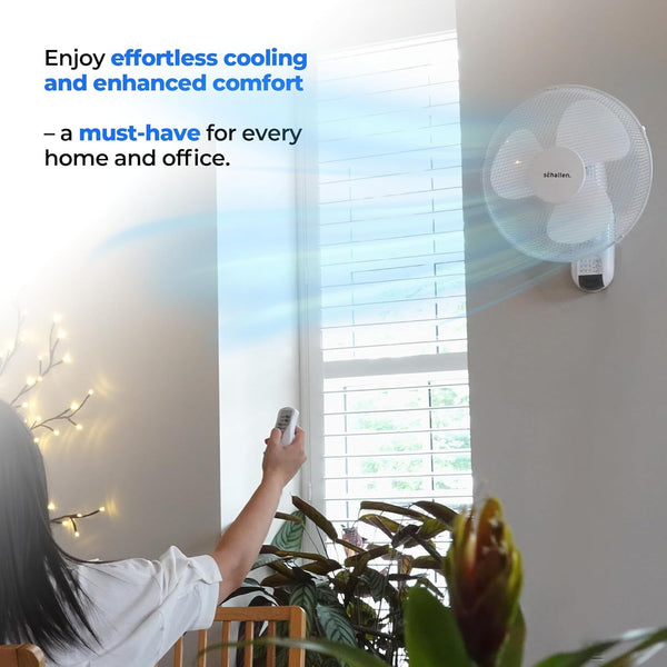 Schallen 16 Inch Wall Mounted Fan with Remote Control, Oscillating Cooling Fan 40cm, 3 Speed Settings, Timer Function, Quiet Wall Fan for Bedroom, Office, Kitchen, Garage, Home Cooling Fan UK, Adjustable Tilt Air Circulator, Energy Efficient Wall Fan Whit