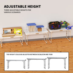 4FT Heavy Duty Folding Table Adjustable Height Pop-Up Trestle Table - 120x60x70/62/55cm, Waterproof Camping Table with Carry Handle for Indoor Outdoor Kitchen Campervan Picnic Work Top Table