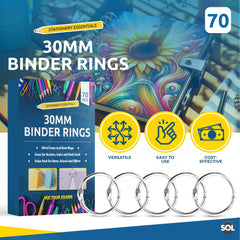 SOL 70pk Loose Binder Rings, 30mm Loose Leaf Binder Rings for Flashcards & Crafts, Durable Metal Rings for Books & Documents, Easy to Open & Close, Ideal for Binding, Organising Cards & Holding Keys
