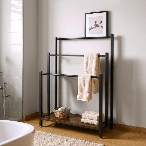 57X28X83CM Towel Rack Freestanding Towel Rack Industrial Metal 3-Bar Towel Rail with Storage Shelf Anti-Slip Feet Free Standing Towel Rail for Bathroom Drying Stand for Bath Hand Towels Quilt Blanket