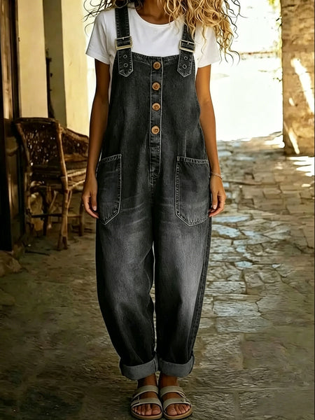 Womens Elastic Vintage Washed Denim Overalls Casual Loose Fit Wide Leg Jumpsuit Slouchy Cargo Bib Overalls with Pockets Adjustable Straps Button Jean Romper for Weekend Camping Outdoor Outfits