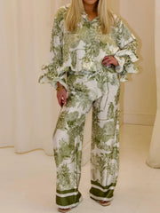 Women'S 2pcs Floral Print Pants Set with Button- Shirt & Elastic Waist Pants - Blue Floral All-Over Print Casual Outfit, All-Season Comfort, Easy-Care Fabric, Versatile Day to Night Wear, Relaxed Fit for Women (No Matching Top Included), Matching Pants fo
