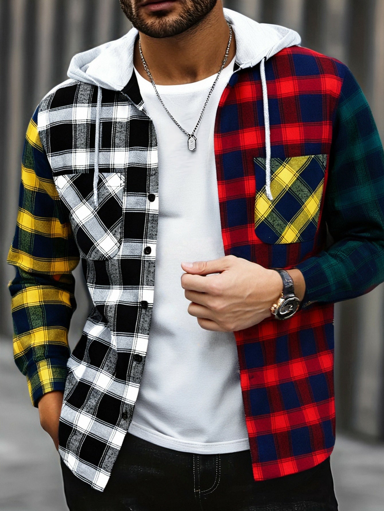 Men's Exquisite Gift: New College Style Trendy Hooded Cardigan with Contrast Color Multi-Patch Drawstring Pocket Design