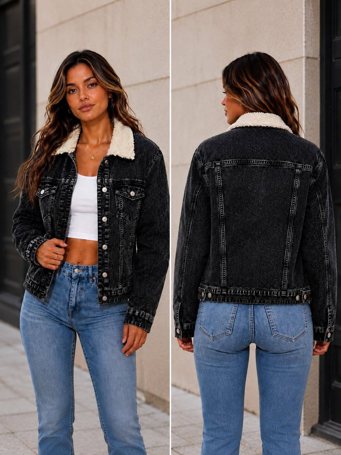Women'S Black Denim Jacket with Sherpa Collar, Fleece Lined Jean Trucker Jacket, Warm Button Up Long Sleeve Winter Coat, Casual Vintage Denim Outerwear with Pockets
