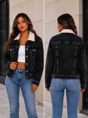 Women'S Black Denim Jacket with Sherpa Collar, Fleece Lined Jean Trucker Jacket, Warm Button Up Long Sleeve Winter Coat, Casual Vintage Denim Outerwear with Pockets