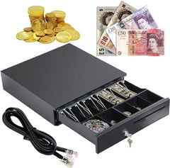 Cash Box Money Till Drawer with 5 Bill 5 Coin Removable Trays, Cash Register Drawer Manual Open, Key-Lock Adjustable Removable Cash Tray Till