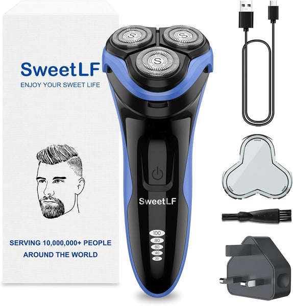 Sweetlf Electric Razor for Men, 120 Min Shaving, Fast UK Adapter (1H Charging),100% Waterproof, Wet & Dry Rotary Shavers for Men with Pop-Up Trimmer, LED Display, Dark Blue