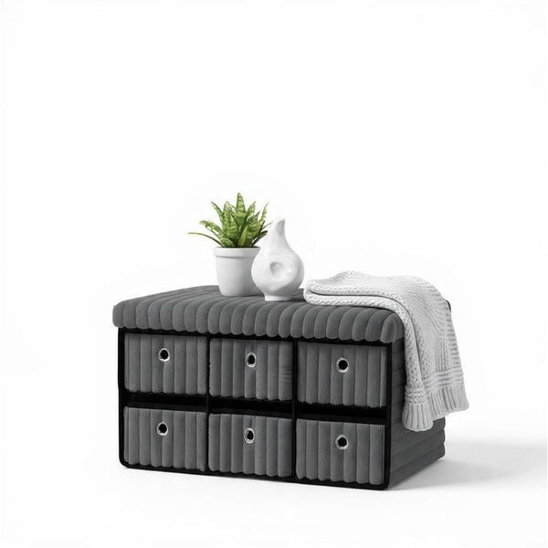 Terra 6 Drawer Folding Ottoman Storage Bench, Ribbed Faux Fur Rectangular Storage Box with Lid, Soft Upholstered Footstool for Bedroom, Hallway & Living Room, Clothes, Toy & Blanket Storage