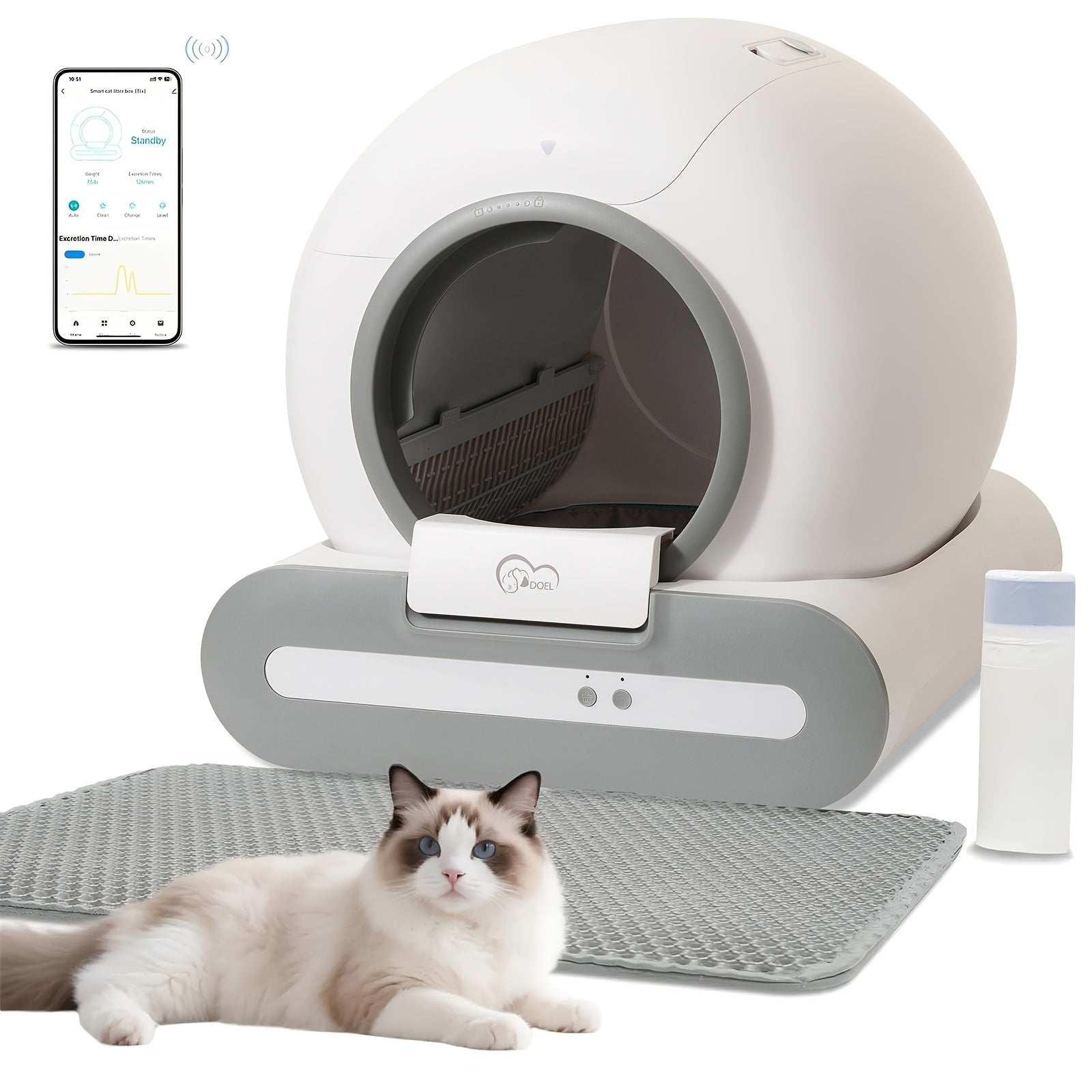 DOEL Self-Cleaning Cat Litter Box Automatic Cat Litter Box with Litter Mat And Trash Bags 65L Large Capacity Cat Toilet App Control 2.4G Wifi, Without Battery